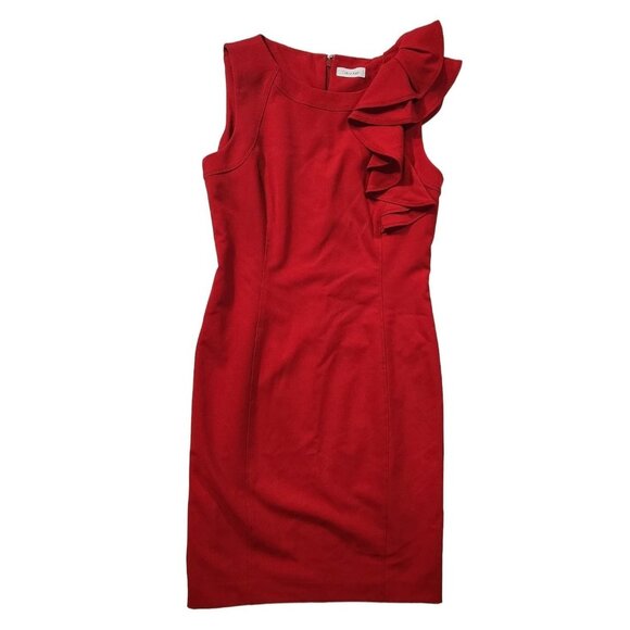 Calvin Klein Womens Red Ruffle-Shoulder Sheath Dress Size Small (See Measurement - Picture 1 of 6